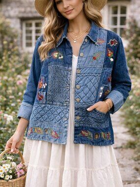 Keren Hart Denim Jacket L Patchwork Leaf Embroidery Boho Cottagecore Chic Casual